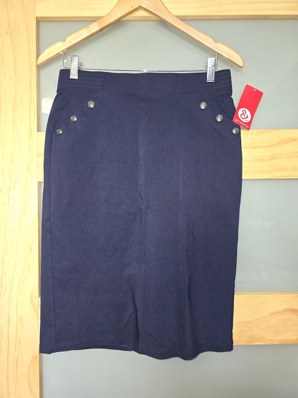 89th & Madison Navy Pencil Skirt with Silver Buttons